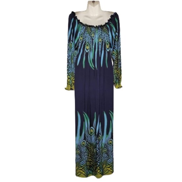 Long Sleeve Maxi Dress Peacok Motif Long Dress - One Size Fits Most- NEW ! - Picture 8 of 12
